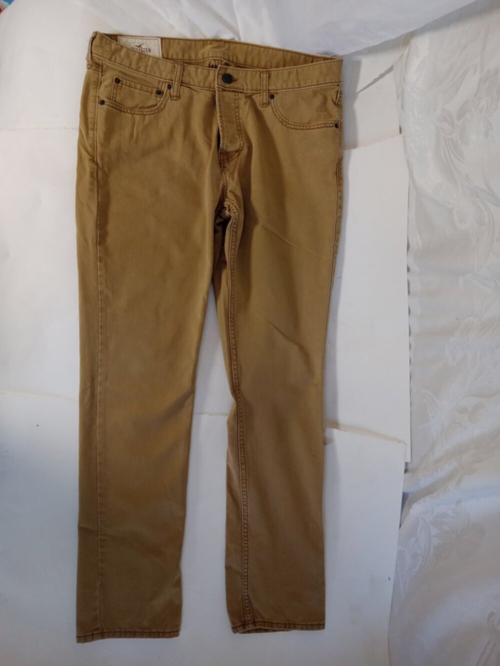 Hollister Men Skinny Slim Tan Chino Light Khaki Pants 36 x 32 Y2K Button Fly